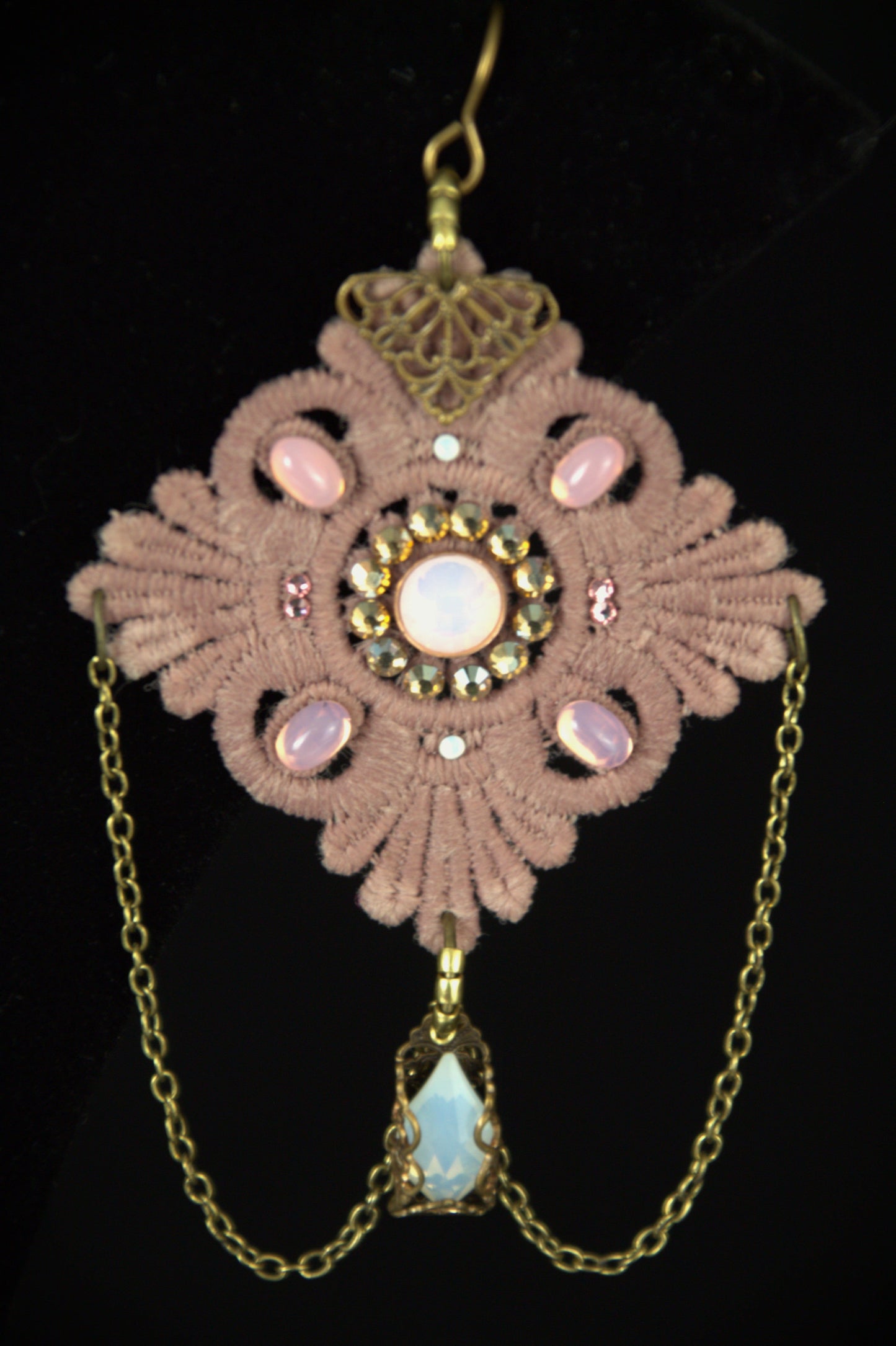 Taupe lace earring with white opal stone wrapped in filigree 
