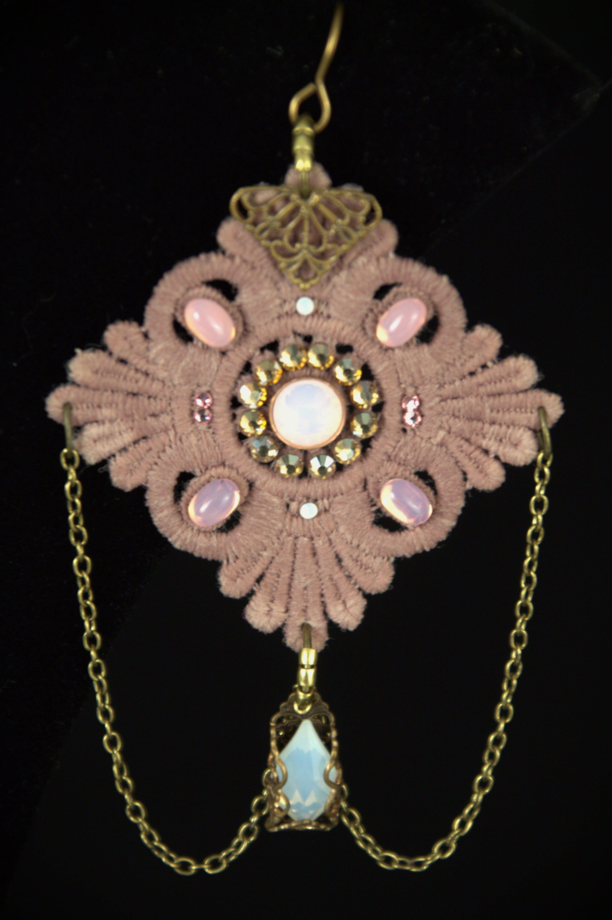 Taupe lace earring with white opal stone wrapped in filigree 