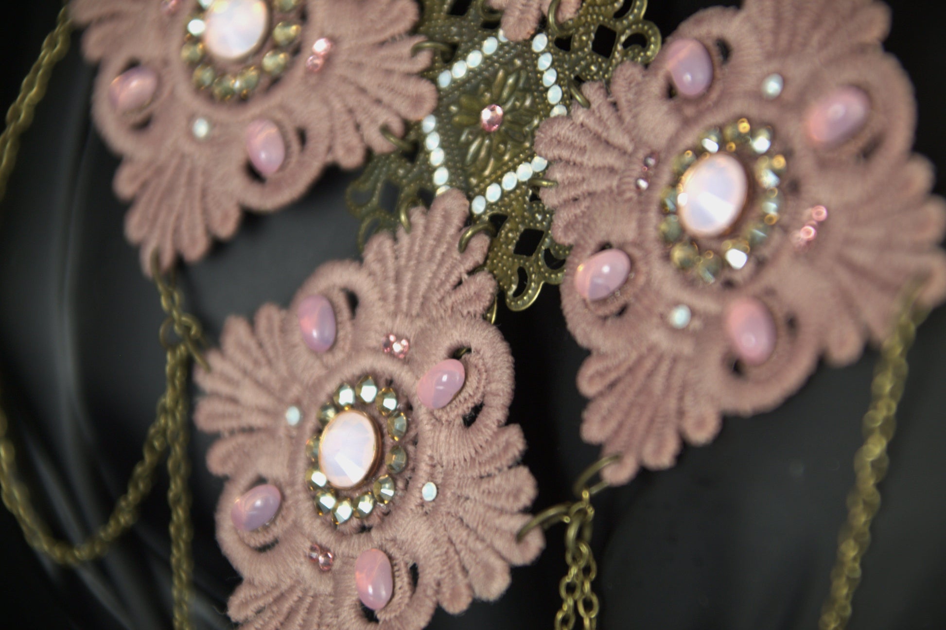 Pink Czech glass cabochons on beige lace with vintage brass filigree 