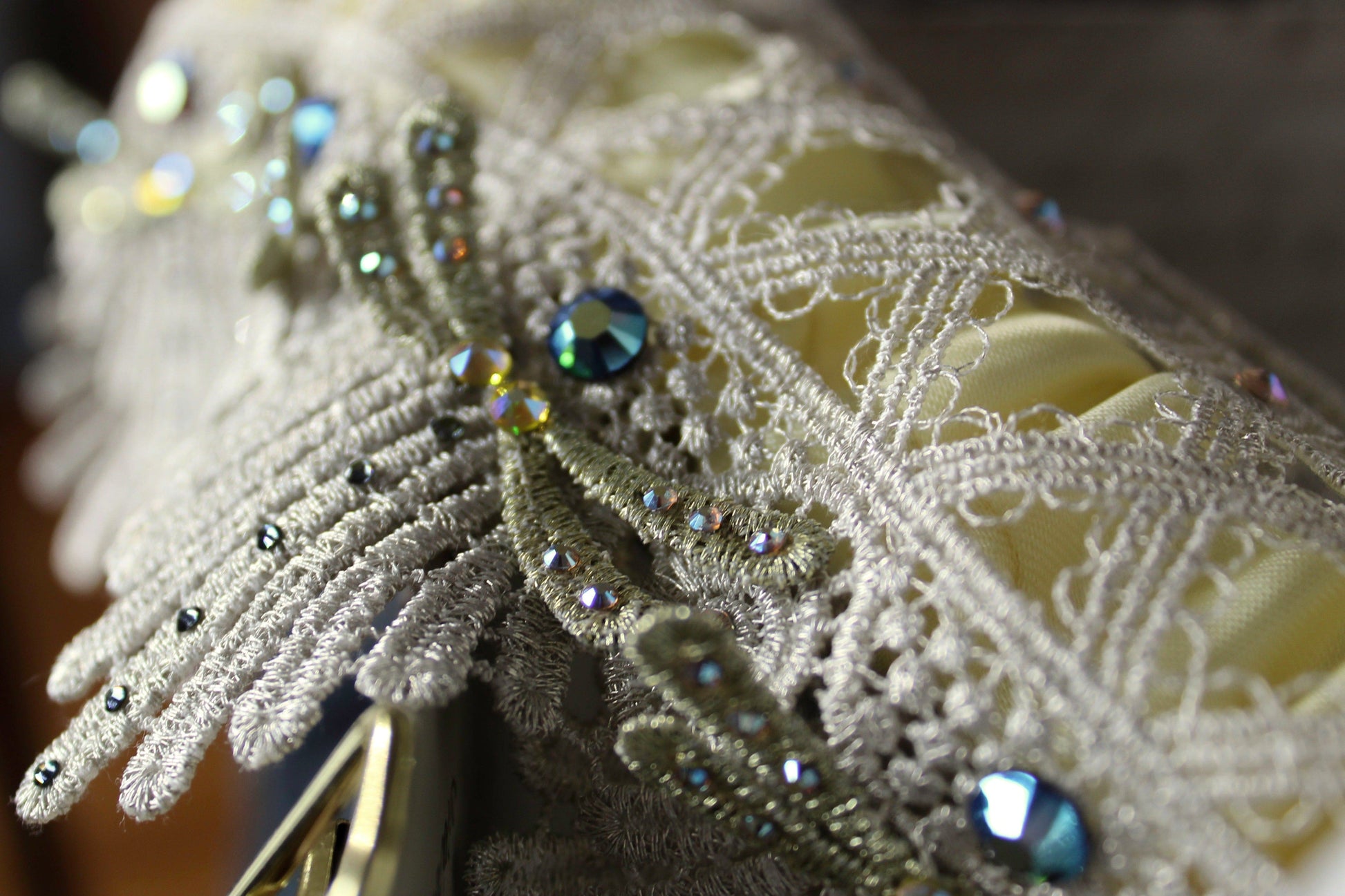 Yellow and blue dragonfly wedding garter