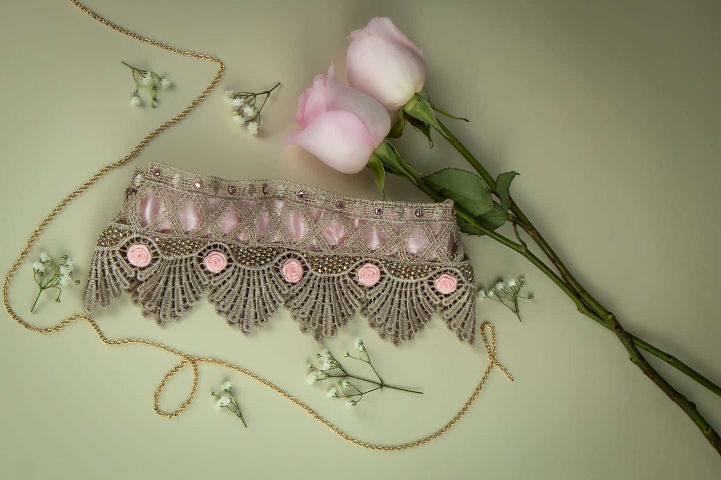 Pink and beige lace garter belt with crystals