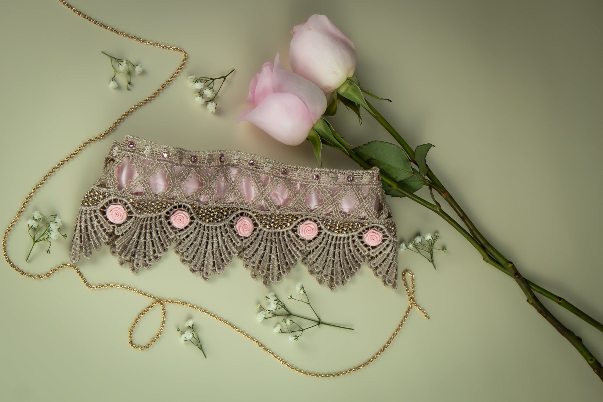 Pink and beige lace garter belt with crystals